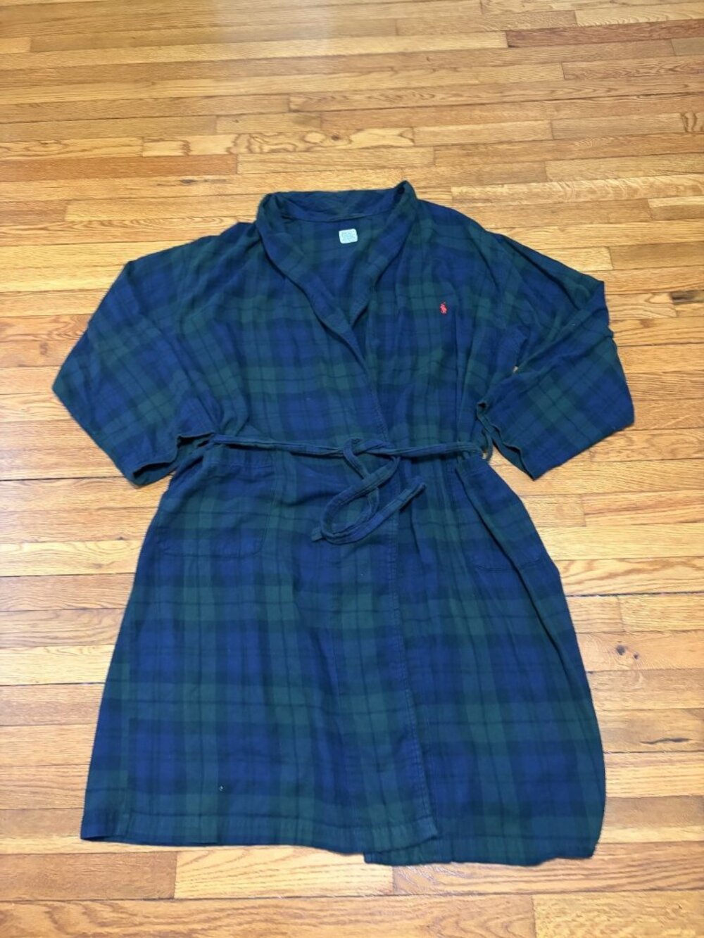 Vintage Polo Ralph Lauren Mens Flannel Bathrobe Sz L/XL Blue Green Plaid Cotton